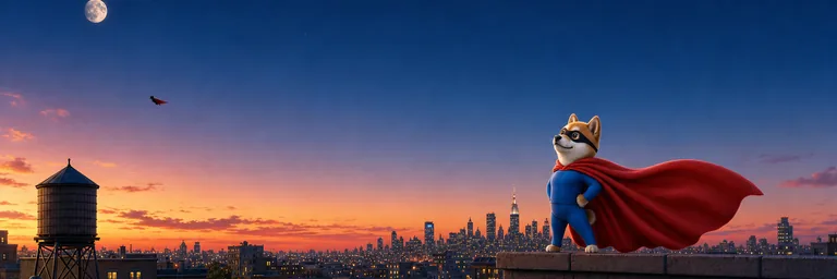 The Sidekinu header: the rooftop at dusk and Super Inu flying away past the moon