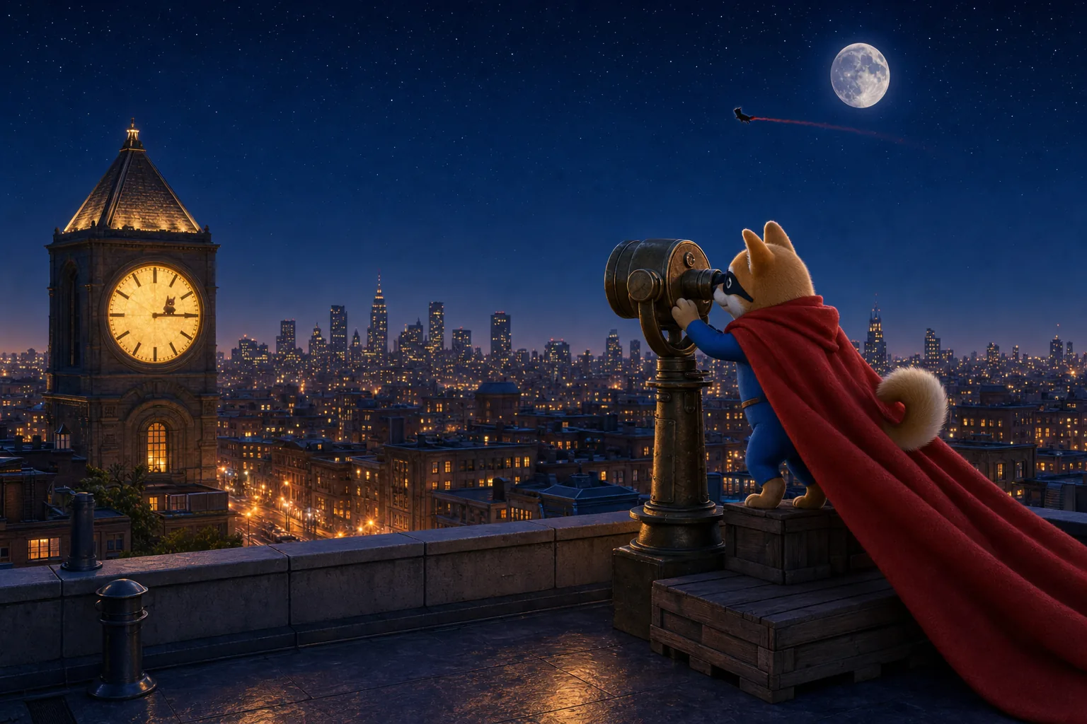 Across the rooftops at night a cat sits on the lit face of a clock tower while Sidekinu looks through coin-op binoculars