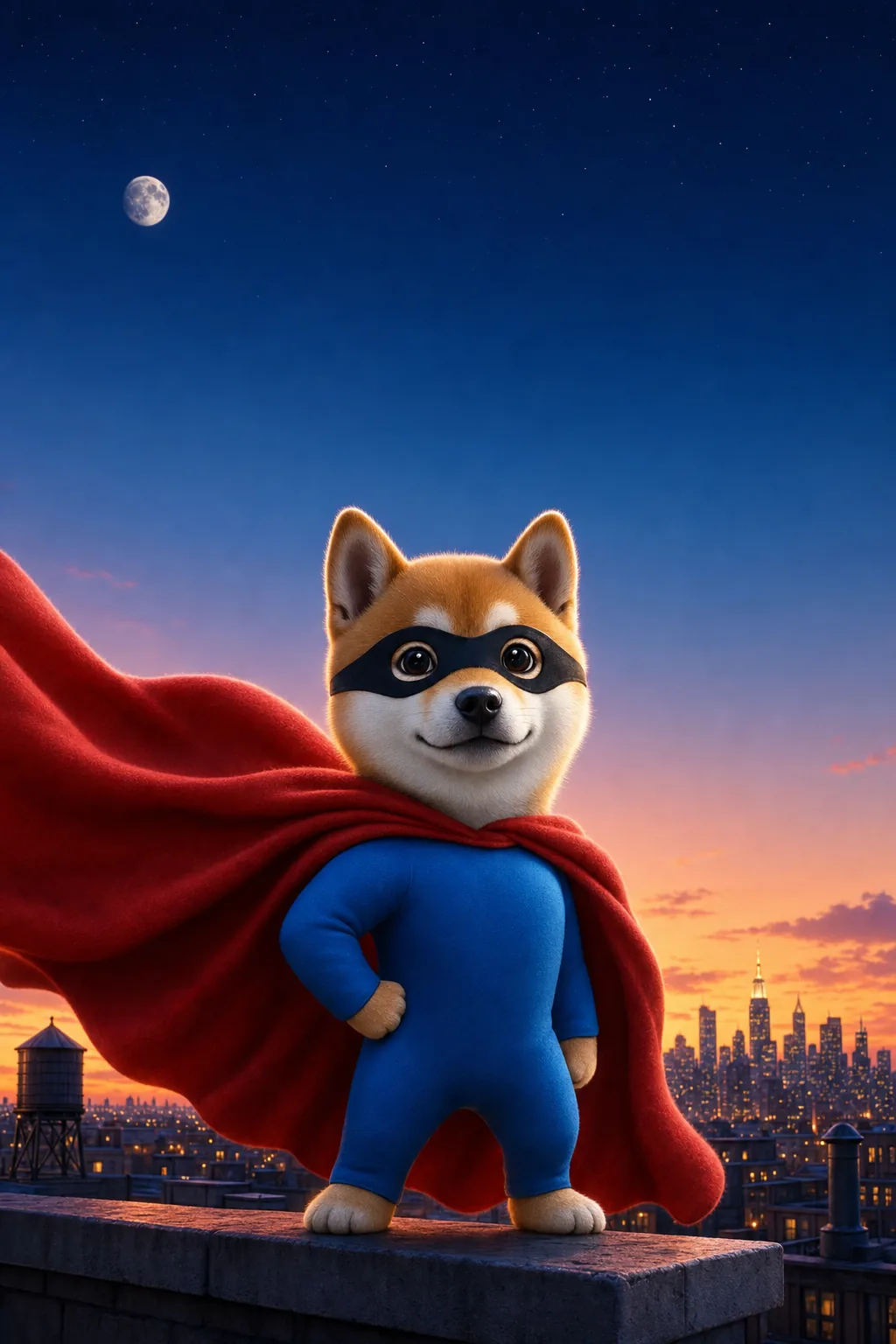 Sidekinu from below, proud on the ledge, the moon above him and his cape blowing up behind