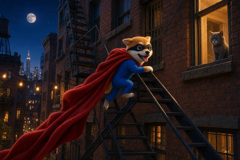 Sidekinu running up the fire escape stairs